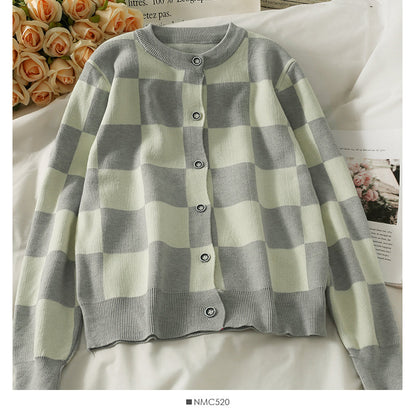 Color contrast check Crew Neck Long Sleeve loose sweater women's new single breasted cardigan sweater  1967