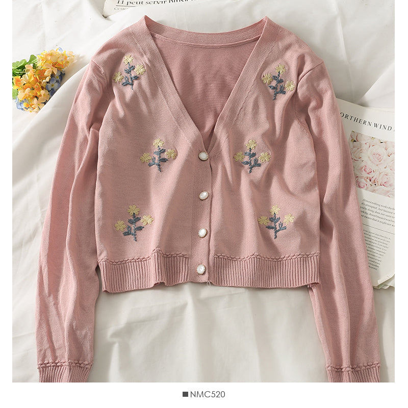 Vintage embroidered short cardigan single breasted long sleeved sweater  1811