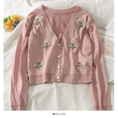 Vintage embroidered short cardigan single breasted long sleeved sweater  1811