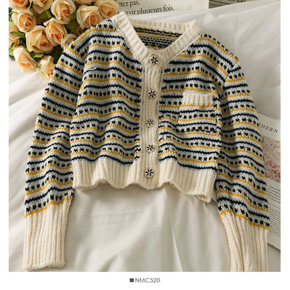 Vintage contrast stitched striped single breasted cardigan sweater  1869