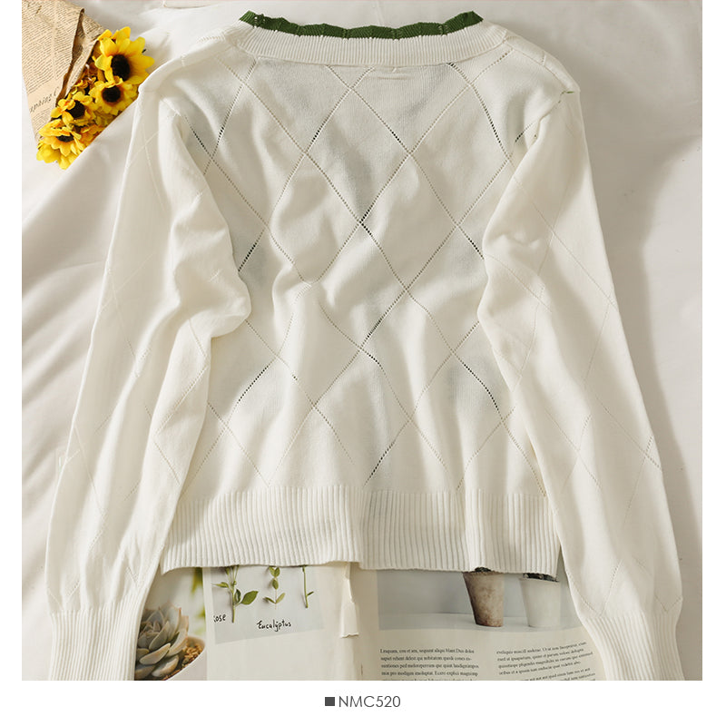 Sweet wind color blocking wavy edge stripe breasted cardigan top  1821