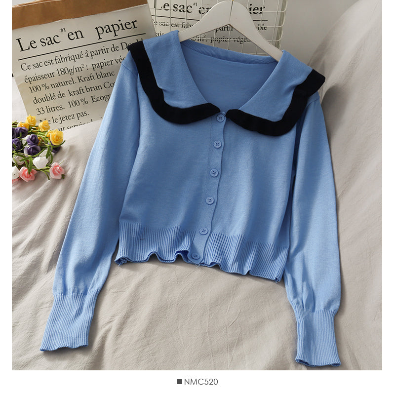 College style white border doll collar single breasted cardigan top  1806