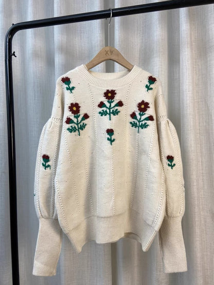 Temperament flower sweater, vintage, jacquard lantern sleeve jumper, fall outerwear top  1409