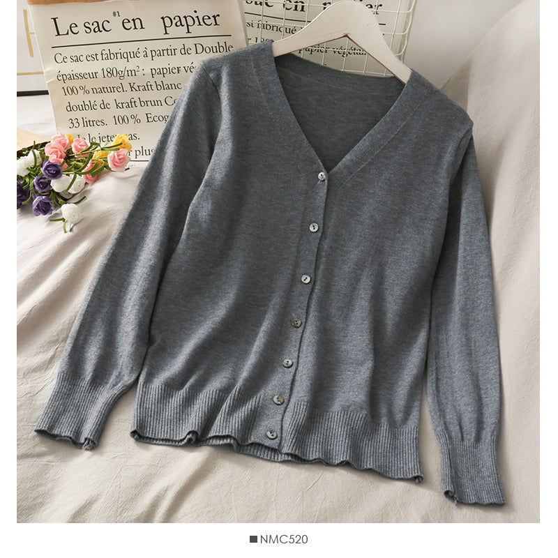 Single breasted V-neck cardigan long sleeve bottomed blouse female  1794