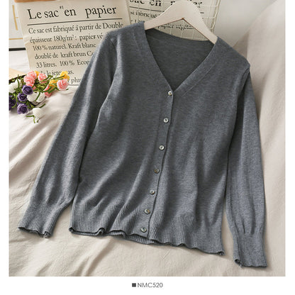 Single breasted V-neck cardigan long sleeve bottomed blouse female  1794
