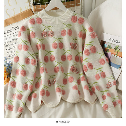 Women's autumn bound Beaded loose thin sweater with wavy edge  1747