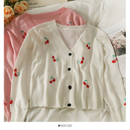 Small fresh cherry print V-neck single breasted slim cardigan sweater  1826