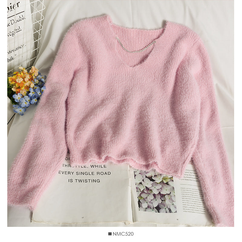 Sweater women's autumn diamond chain decorative V-Neck Sweater  1866