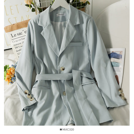 Bow tie tie high waist two button small suit women's medium and long coat  2096