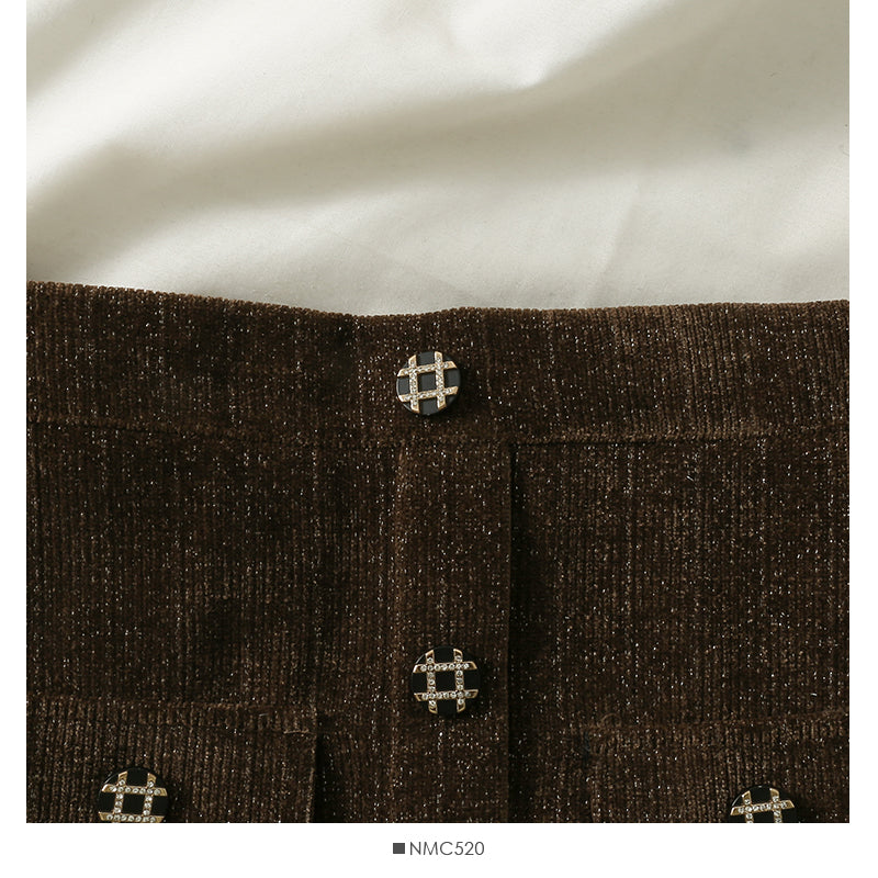 Hong Kong style retro bright silk vertical stripe buckle high waist slim A-line skirt  2588