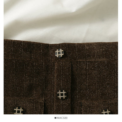 Hong Kong style retro bright silk vertical stripe buckle high waist slim A-line skirt  2588