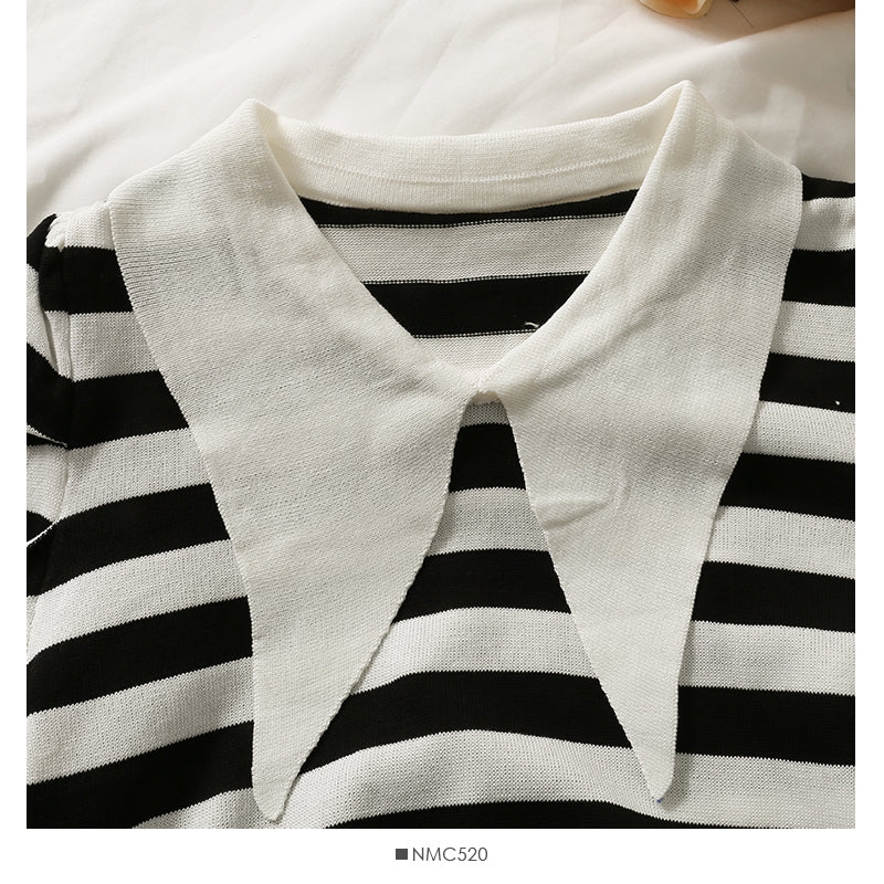 Niche short versatile stripe slim Lapel T-shirt  1887