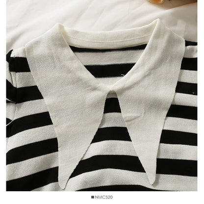 Niche short versatile stripe slim Lapel T-shirt  1887