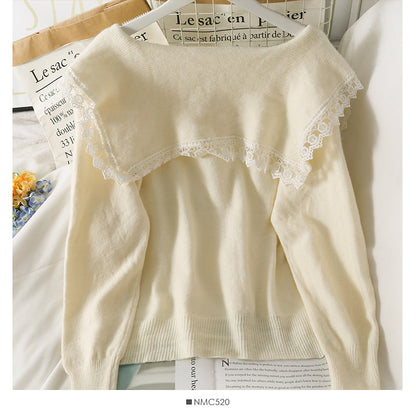 Sweet wind lace stitched doll neck sweater  1756
