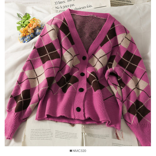 Diamond check single breasted V-Neck Sweater for women  1778