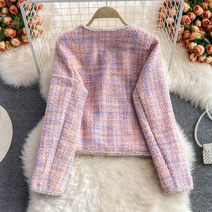 Tweed temperament top short pink coat female  1665
