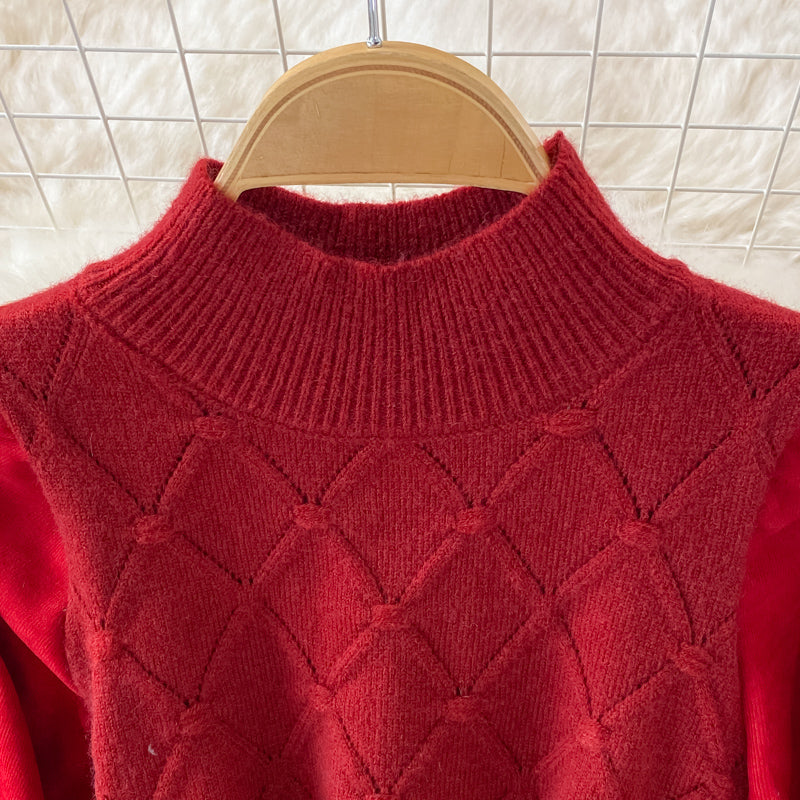 Fake two piece long sleeve knitted stitched corduroy A-line dress  3365