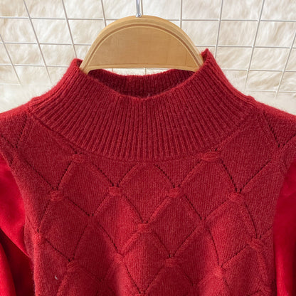 Fake two piece long sleeve knitted stitched corduroy A-line dress  3365