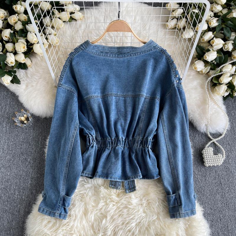 Waistband V-neck heavy industrial nail bead diamond design sense of minority denim jacket  1490