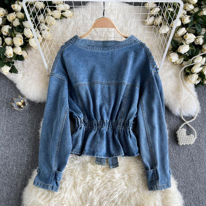 Waistband V-neck heavy industrial nail bead diamond design sense of minority denim jacket  1490