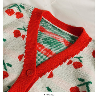 Hong Kong Vintage contrast stitched cherry print V-neck T-shirt  1881