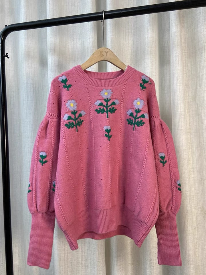 Temperament flower sweater, vintage, jacquard lantern sleeve jumper, fall outerwear top  1409