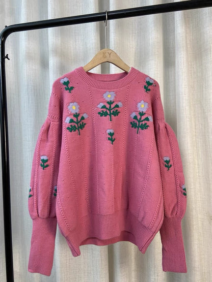 Temperament flower sweater, vintage, jacquard lantern sleeve jumper, fall outerwear top  1409
