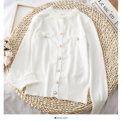 Round neck single row pearl button cardigan sweater coat  1865