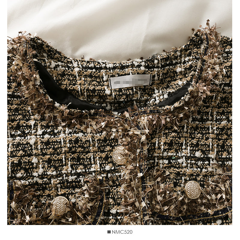 New coat round neck single breasted design Korean versatile Vintage Plaid knitted cardigan tassel  2090