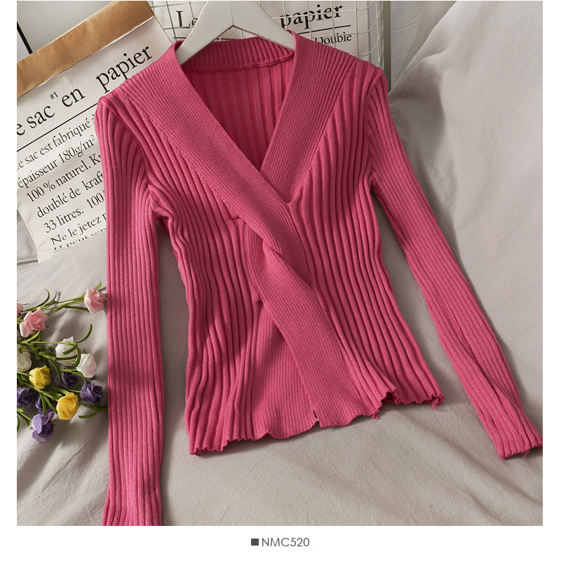 Design cross vertical stripe V-neck tight and slim knit  1879