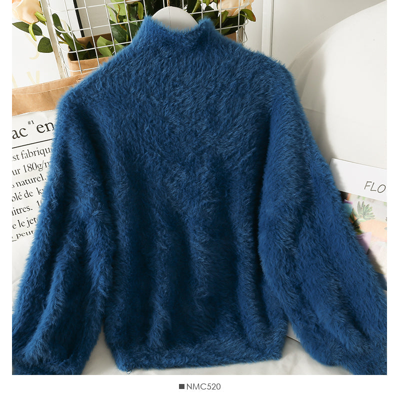 Sweater female Plush high neck slim fit solid color versatile long sleeve top  1764