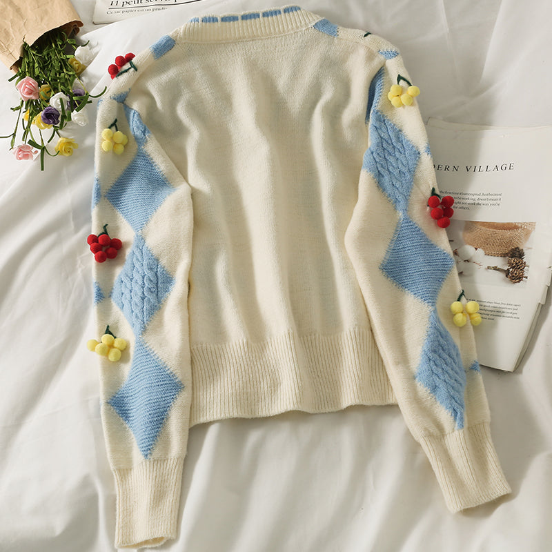 Three dimensional decorative single breasted cardigan long sleeved sweater  1804