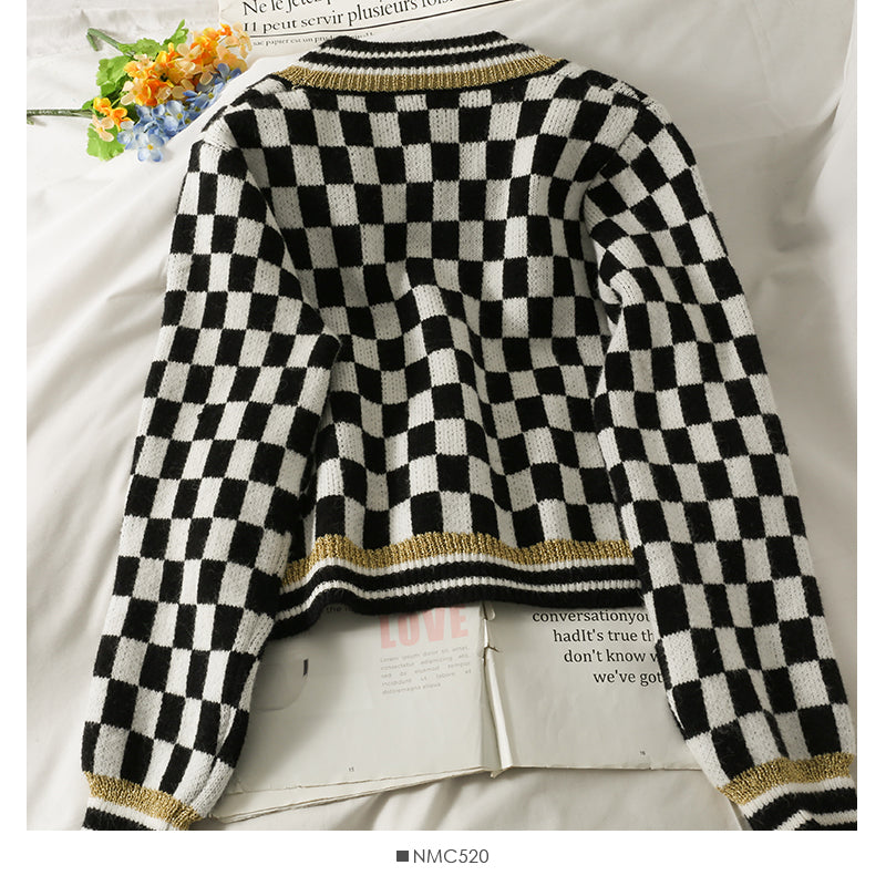 Plaid three button low neck cardigan women's sweater  1845