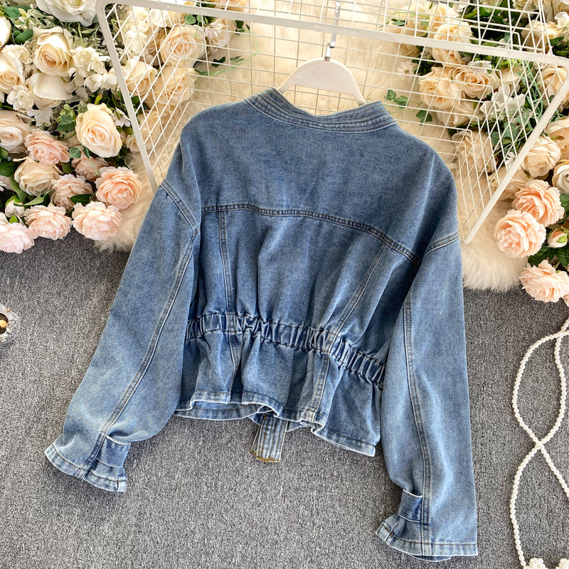 Denim Jacket Women's design sense heavy industry nail bead V-neck slim fit  1489