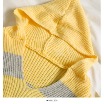 Korean stripe short loose thin hooded long sleeved sweater  1939