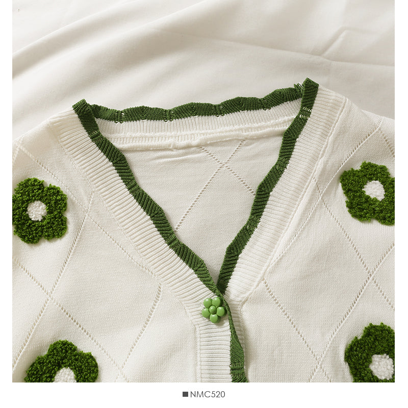 Sweet wind color blocking wavy edge stripe breasted cardigan top  1821