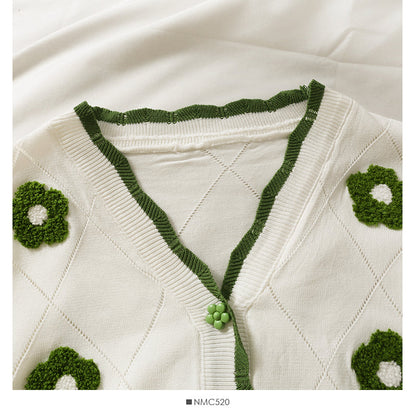 Sweet wind color blocking wavy edge stripe breasted cardigan top  1821