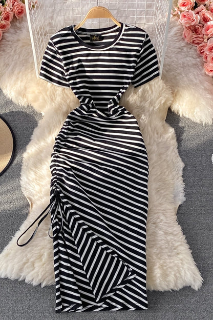 Slim fit waist closing casual side drawcord knee slit stripe dress  1686