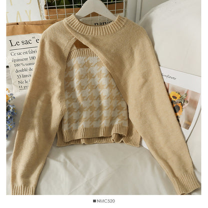 Irregular design loose knit with short plaid suspender inside  1750