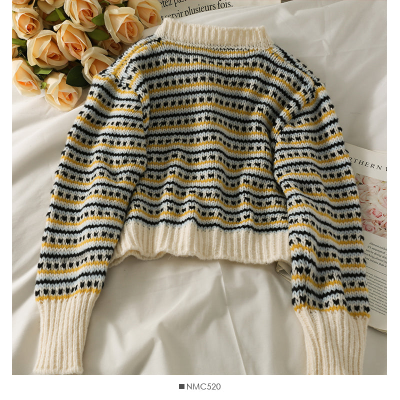 Vintage contrast stitched striped single breasted cardigan sweater  1869