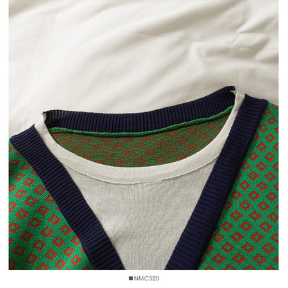 Vintage contrast stitched Plaid fake two-piece blouse  1952