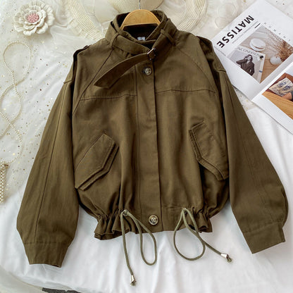 Drawstring long sleeve short coat women's Casual Jacket Top  1688