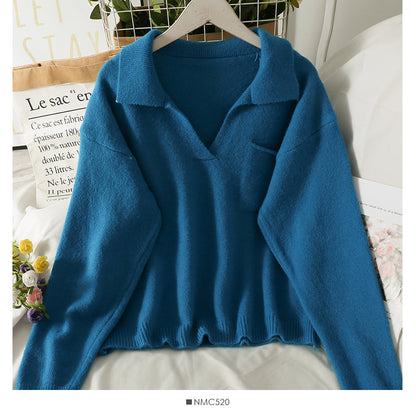 Sweet wind candy color Lapel slim fit Pullover knit  1848