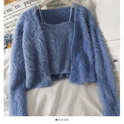 Slim cardigan long sleeved sweater with suspender vest inside  1695