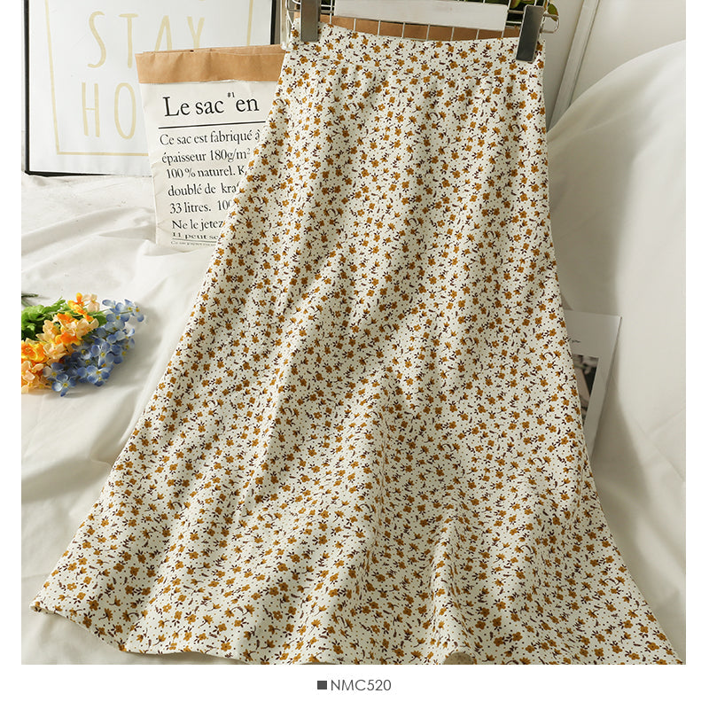 Hong Kong style retro floral high waist medium length A-line skirt  2485