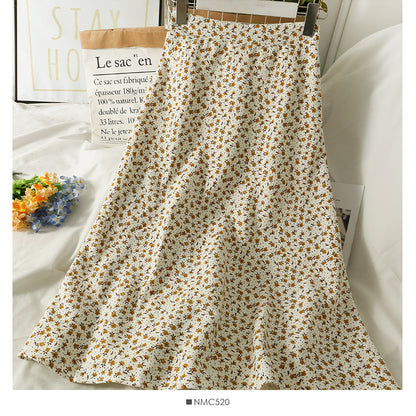Hong Kong style retro floral high waist medium length A-line skirt  2485