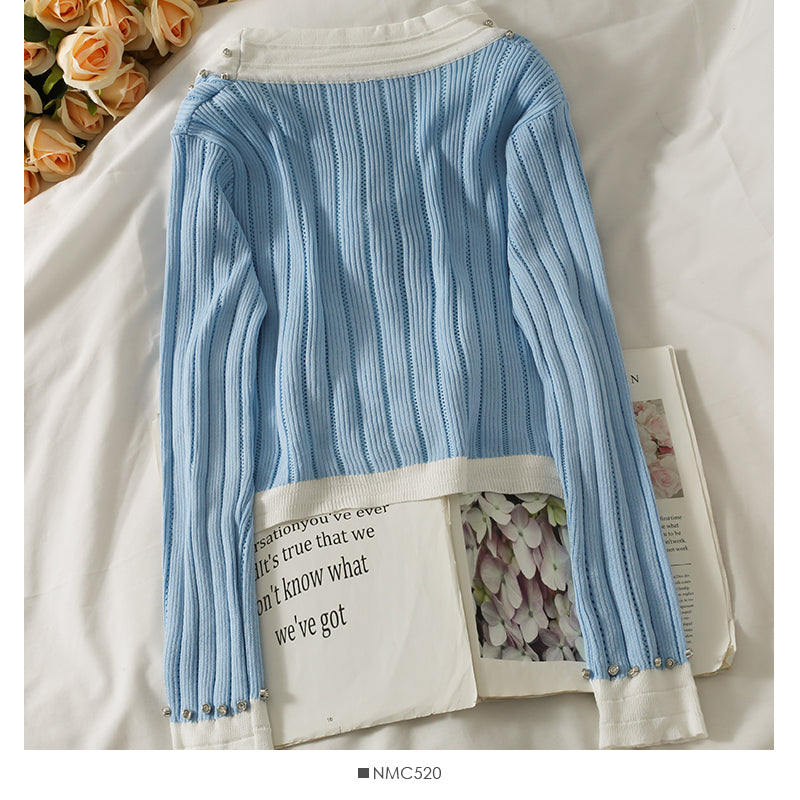 Diamond bow trim low neck long sleeve knit  1746