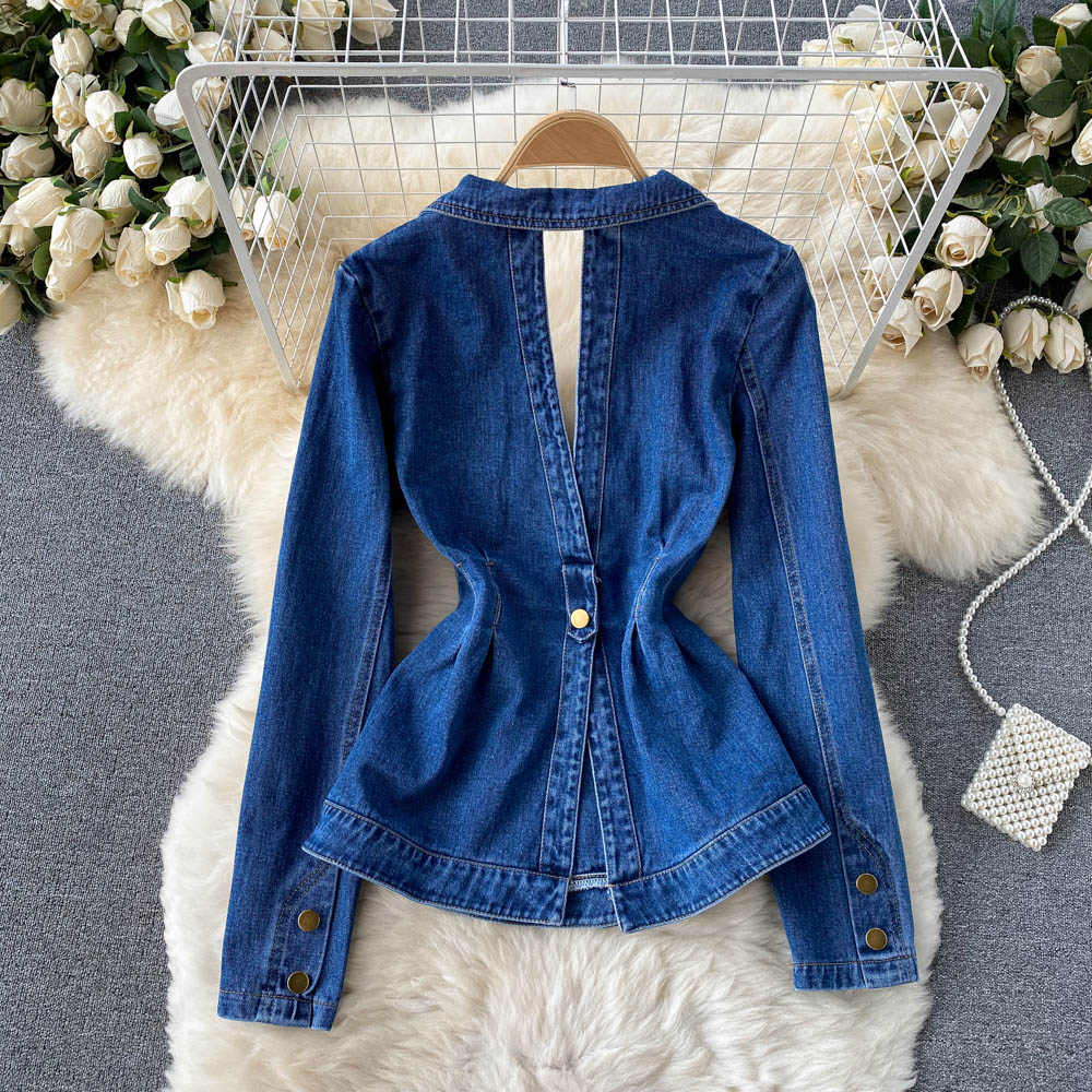 Denim Jacket Women's V-neck open back temperament top  1503