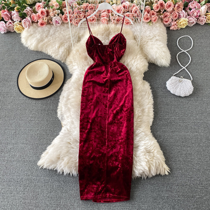 Banquet wine red evening dress velvet suspender split dress  3309