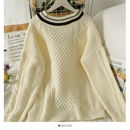 Sweater female diamond check loose thin sweater Korean V-neck  1863